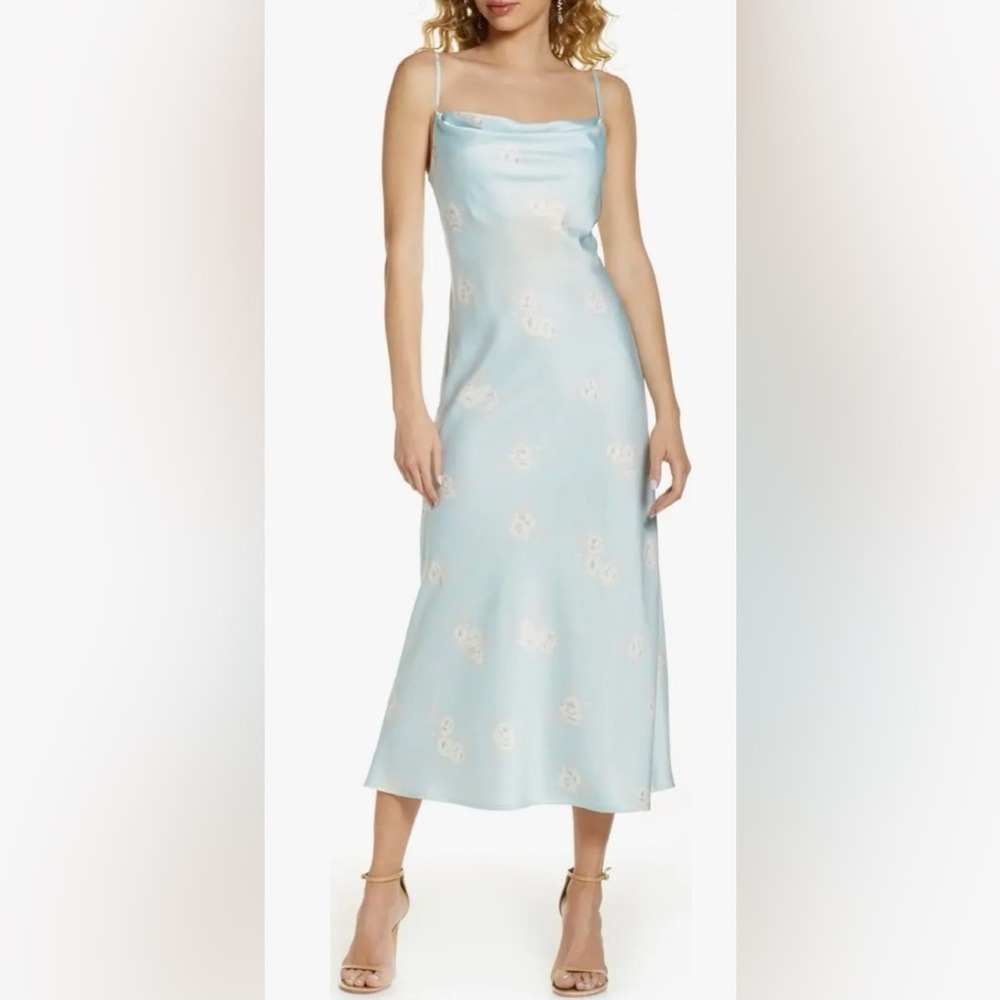 NWT WAYF Icy Blue Floral Cowl Neck Satin Slipdress 90s Y2K Fairy | Size Small